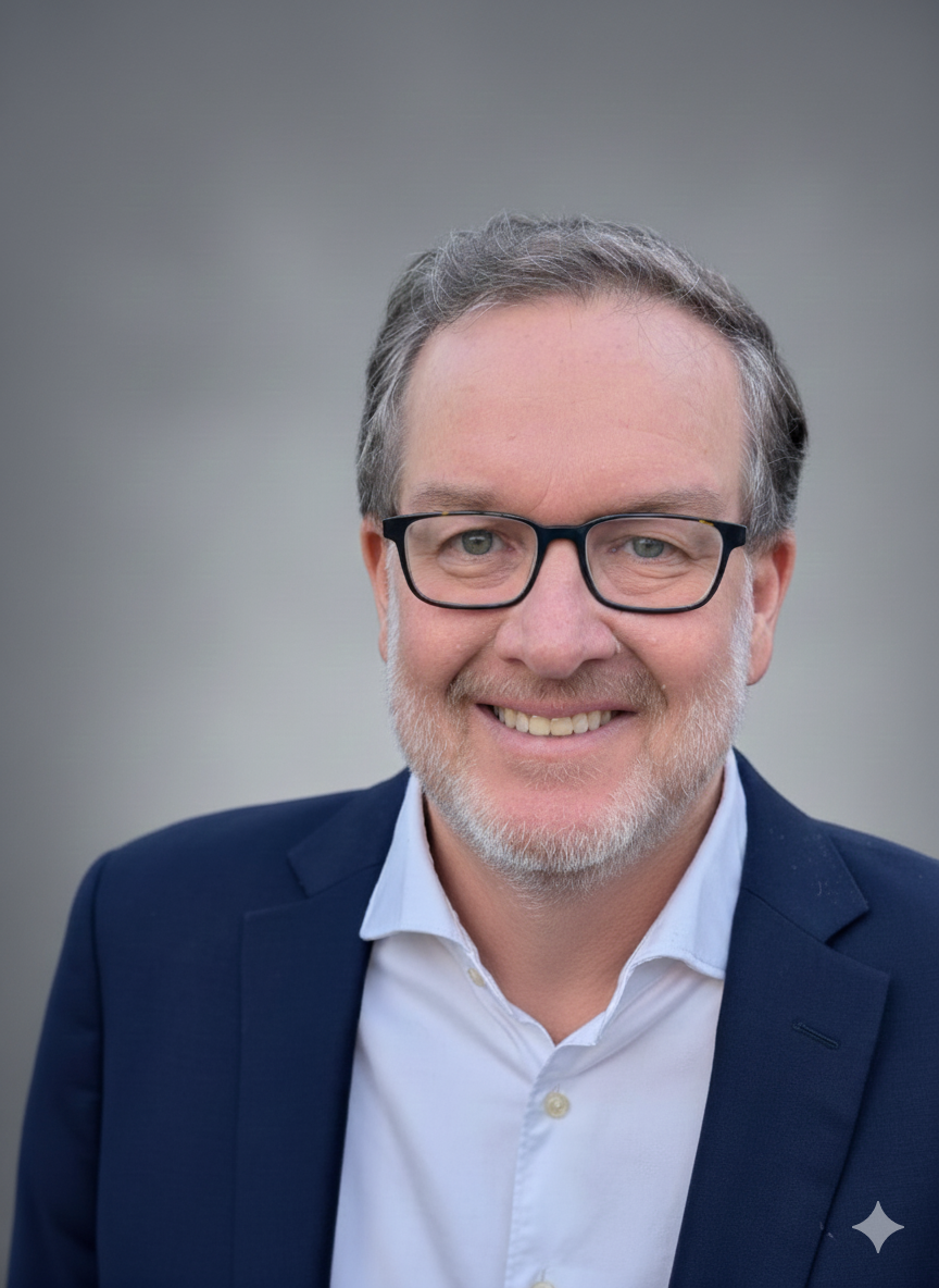 Portrait of a smiling man with gray hair and glasses wearing a navy blazer and white shirt against a neutral gray background.