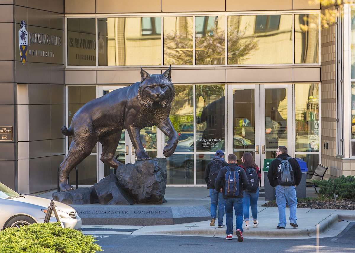 Students walk past a large bronze statue of a bobcat outside the entrance to Johnson