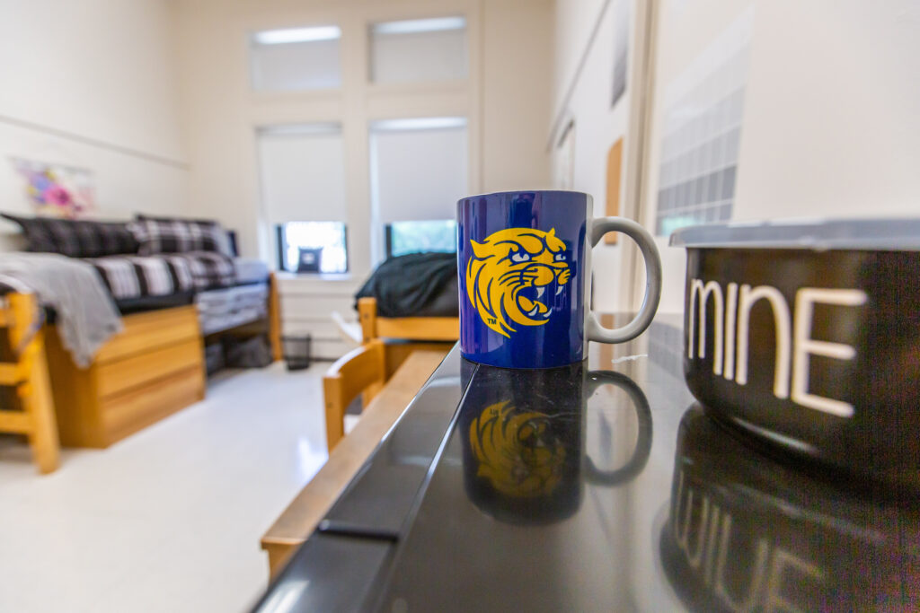 A blue mug with a yellow tiger logo sits on a reflective surface in a dorm room, next to a black bowl labeled "MINE."