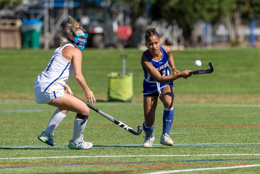 Two field hockey players compete on a grass field, one in blue attempting to control the ball while the other in white defends.