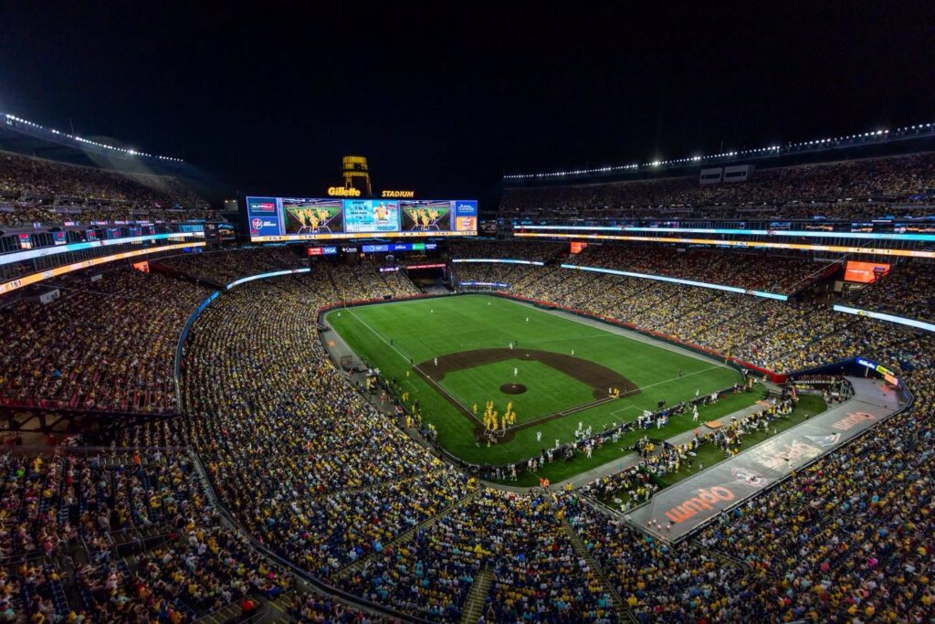 Soccer game happening at Gillette Stadium.