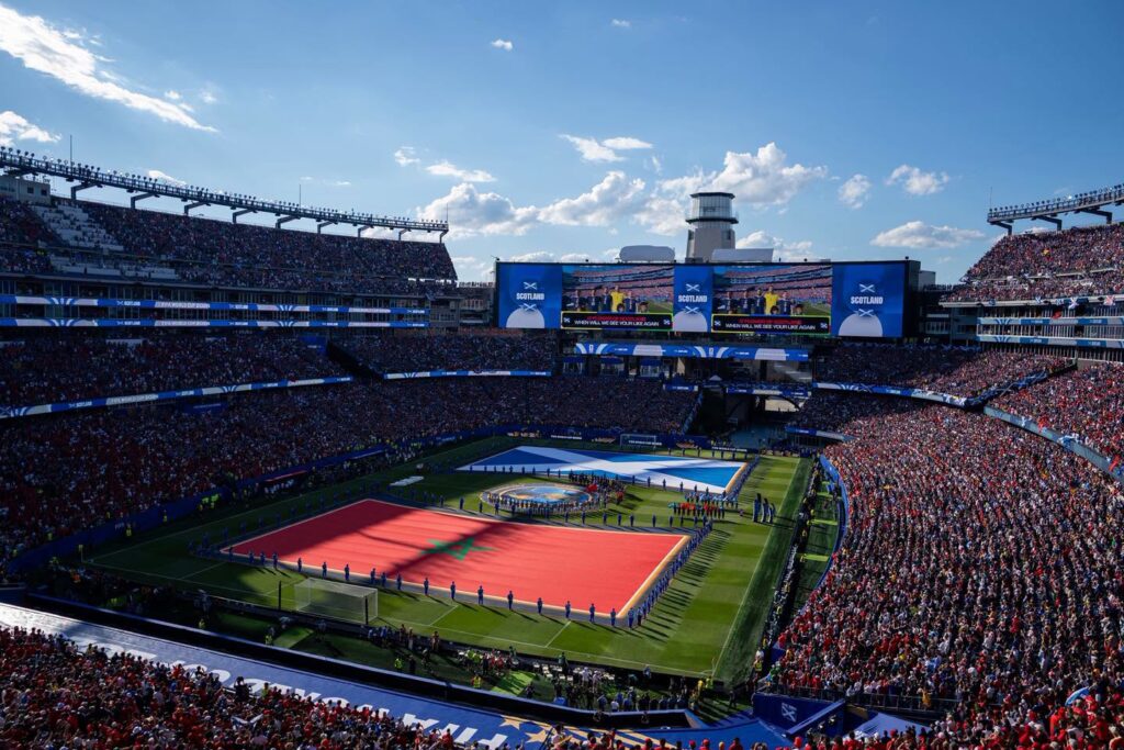Gillette Stadium on a sunny day.