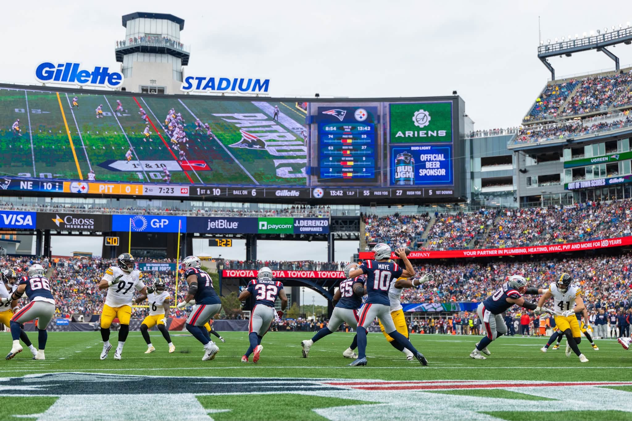 Close-up of Gillette Stadium football players during a game.
