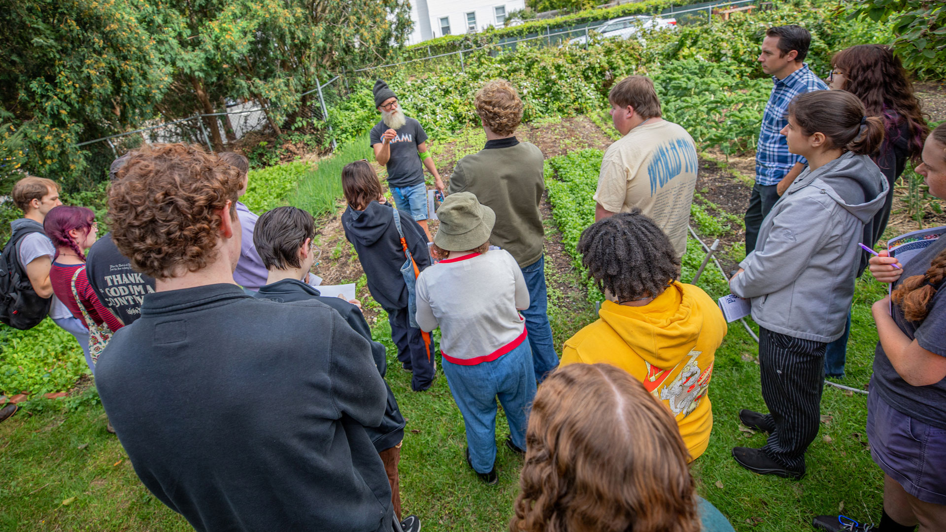 City Farm Steward Rich Pederson (center rear) talking to Sustainable Food Systems students about urban farming.