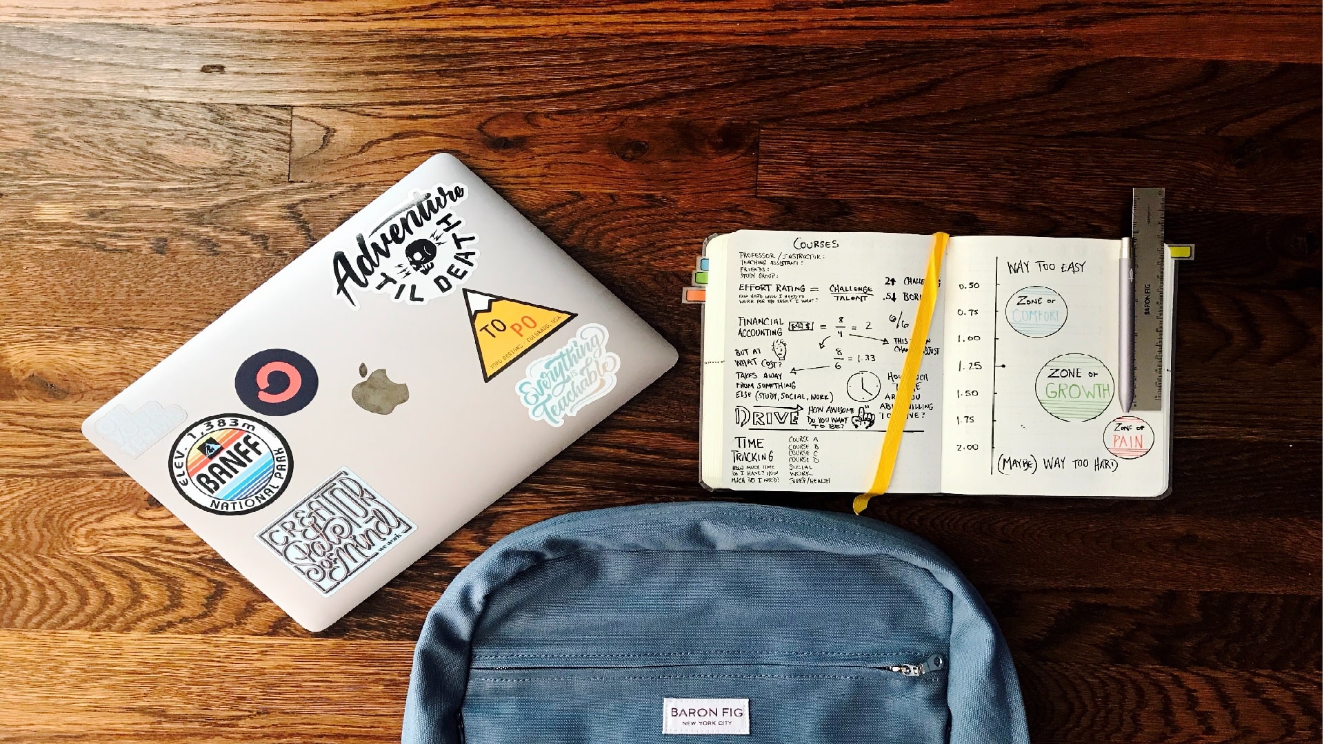 a computer, notebook, and backpack