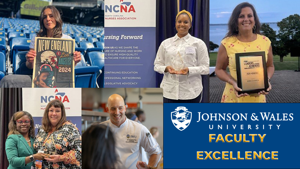 a collage of photos showing different faculty members with a JWU logo and u0022Faculty Excellenceu0022 included