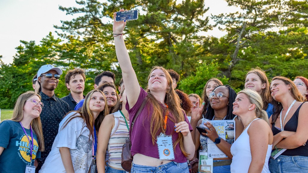 Orientation students taking a selfie together