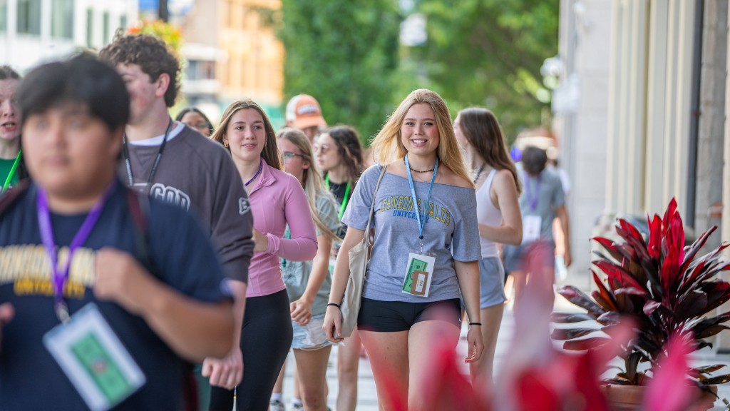 Orientation students walking down the streets of Providence
