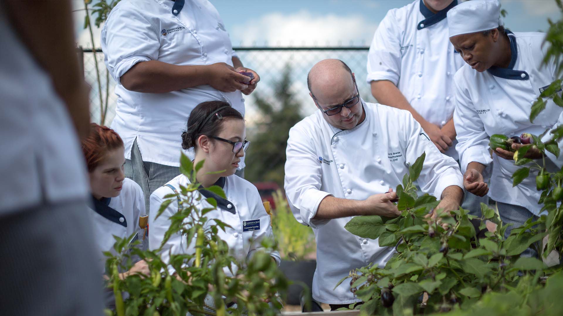 A culinary professor and a group of students engaging in a hands-on nutrition science lesson in the garden.