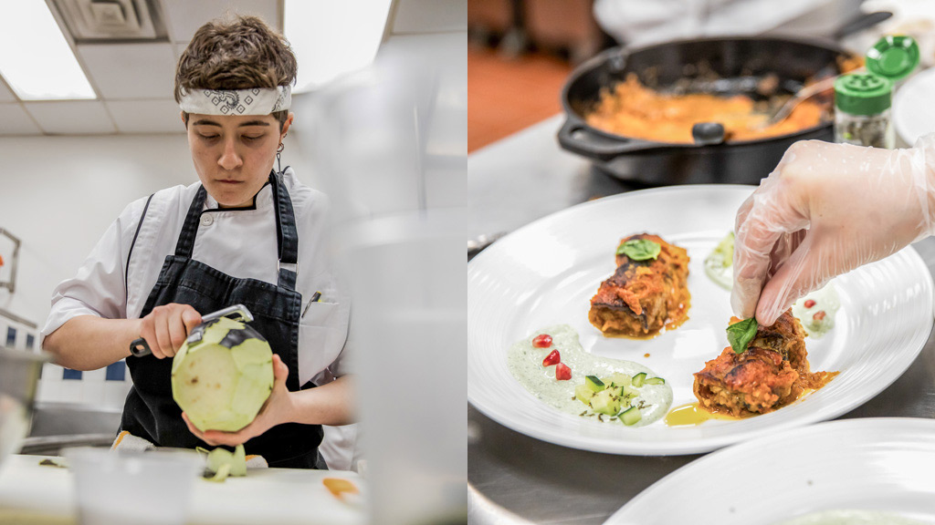 collage of Future Food Scholarship Program contestant Marwa Anchassi in the kitchen and her plated dish