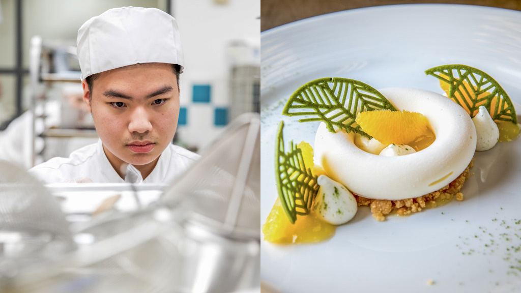 collage of Tien Tran focusing in the kitchen and his plated dish