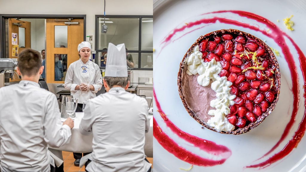 photo collage from Future Food Scholarship Program of Zoe Rowe presenting to judges and a closeup of her dish