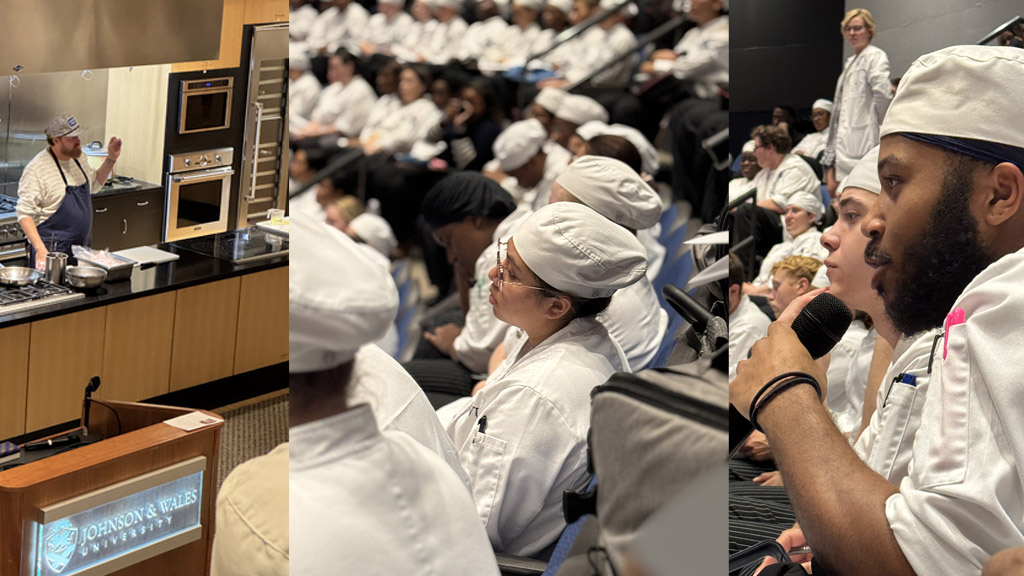 photo collage of Chef James London speaking at JWU paired with photos of students in the audience