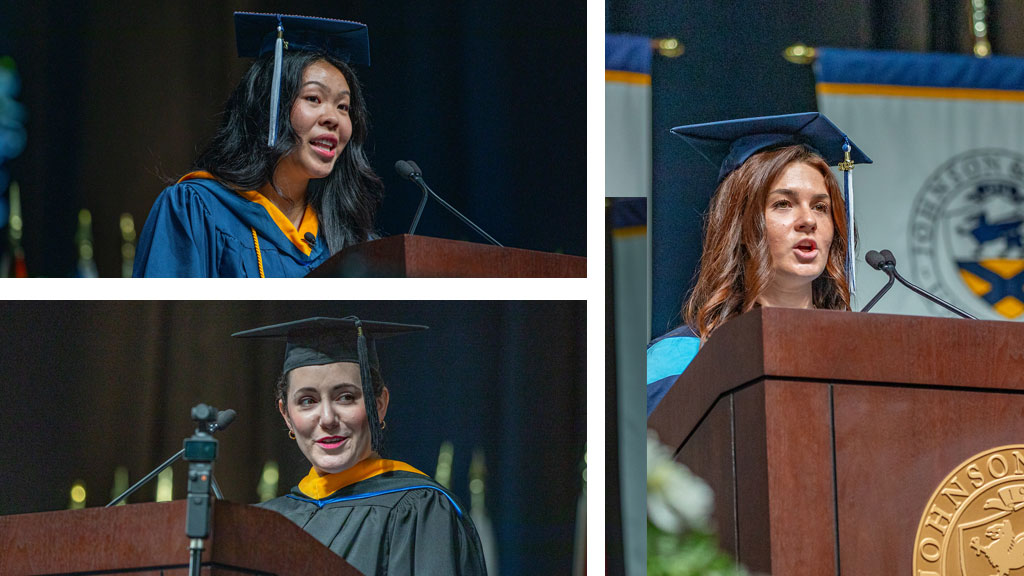 Clockwise from top left, Commencement speakers Jennifer Lee '25, Amelia Warfel '23, '25 M.A.T. and Alexandra Gibbons '12.