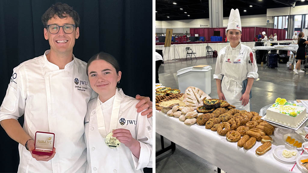 Instructor Joshua Livsey and Ava Stutzman with her SkillsUSA gold medal (left); Ava shows off all of the baked goods and pastries made during the competition (right).