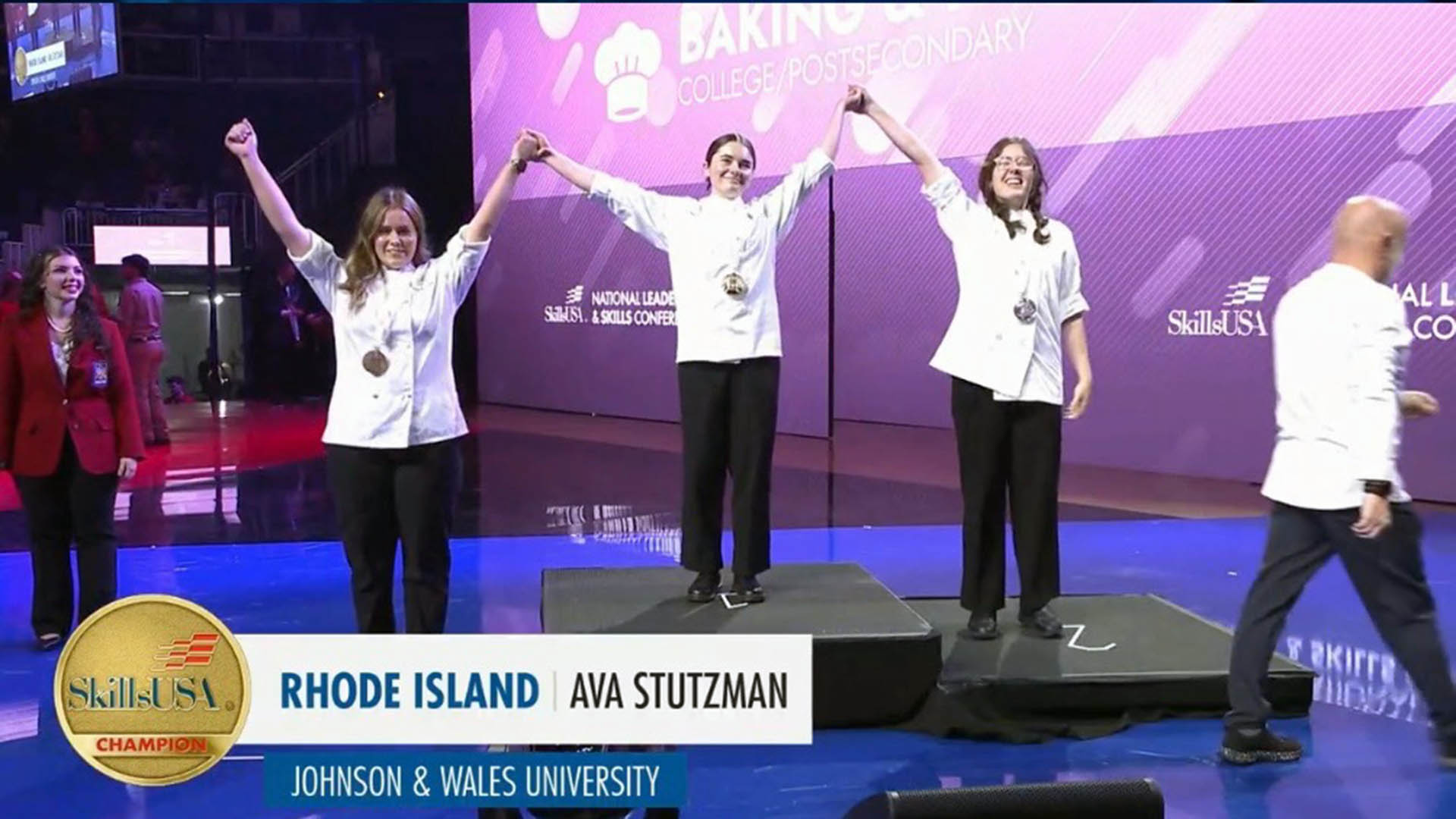 Ava Stutzman takes center stage to receive the gold medal in the Baking category at SkillsUSA National Leadership u0026 Skills Conference.