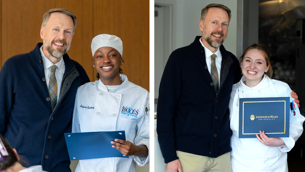 2026 Future Food Scholarship winners Aniyah Scarlett (left) and Evan LeSuer (right) with CFIT Dean Jason Evans.