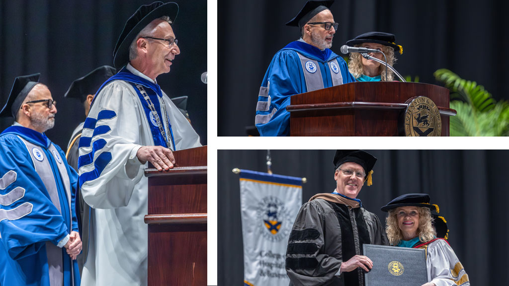 Clockwise from top left:  President Mathieu and Provost Wiscott speaking at the podium; Chancellor Runey with Steven Bagwell ’26 Hon.