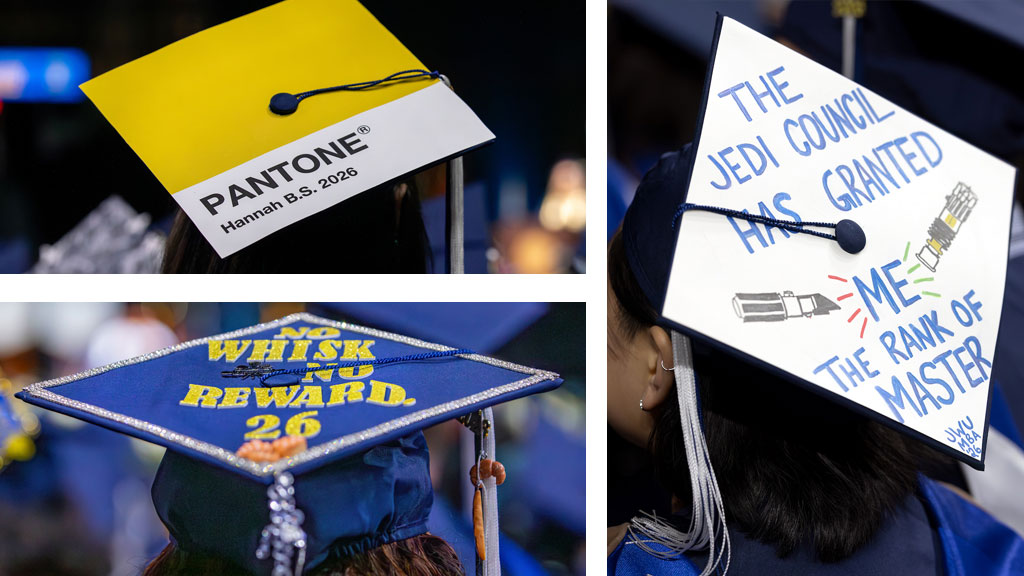 A trio of decorated mortarboards, including one reading “No whisk, no reward.”