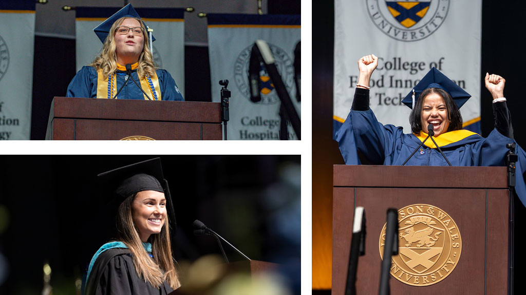 Speakers at the 2026 Providence Commencement, clockwise from top left: Madeline Stange, Andrea Hernandez and Katelynn Larsson.