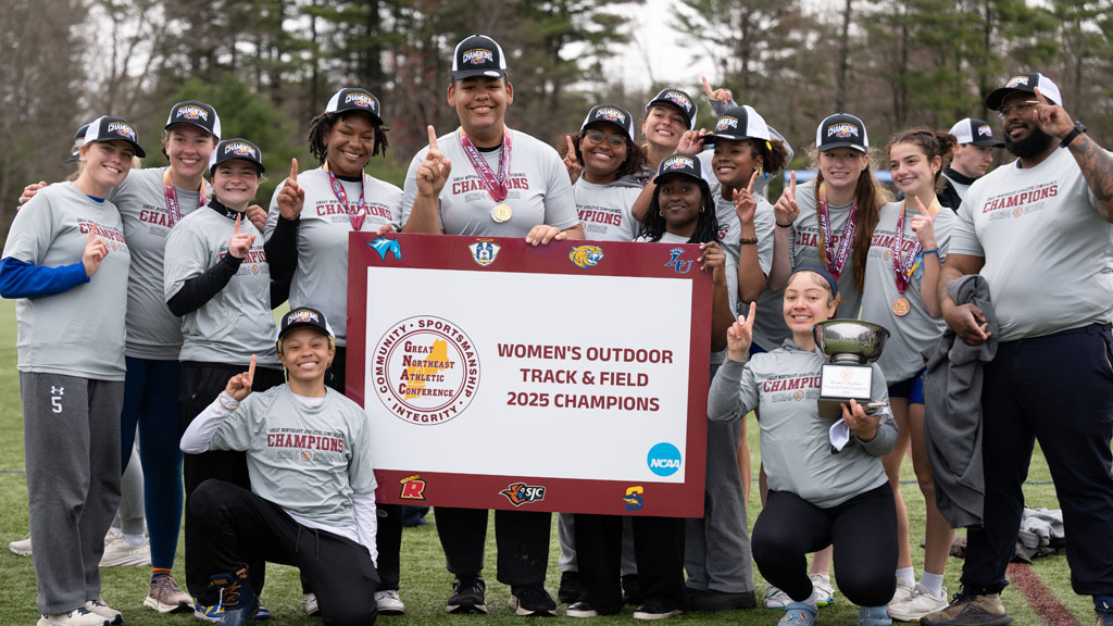Group photo of JWU Women's Outdoor Track & Field Team after winning the 2025 Great Northeast Athletic Conference