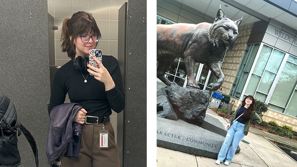 Teagan Bradford at work and in front of the Wildcat statue