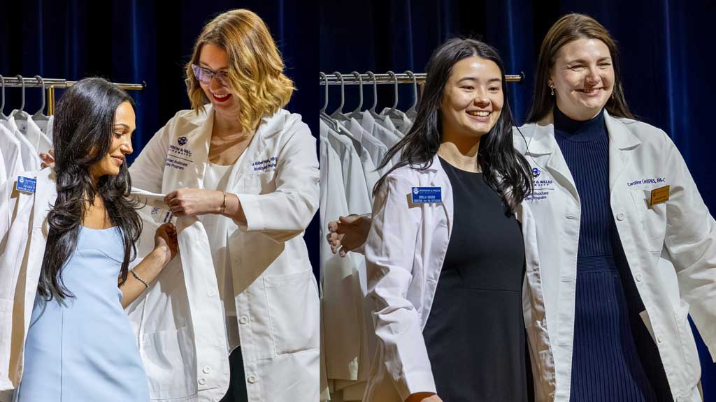 collage of two MSPAS '27 students receiving white coats from their advisors