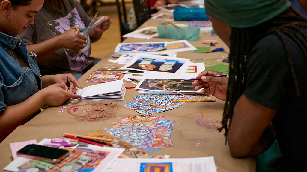 close up of participants making collages
